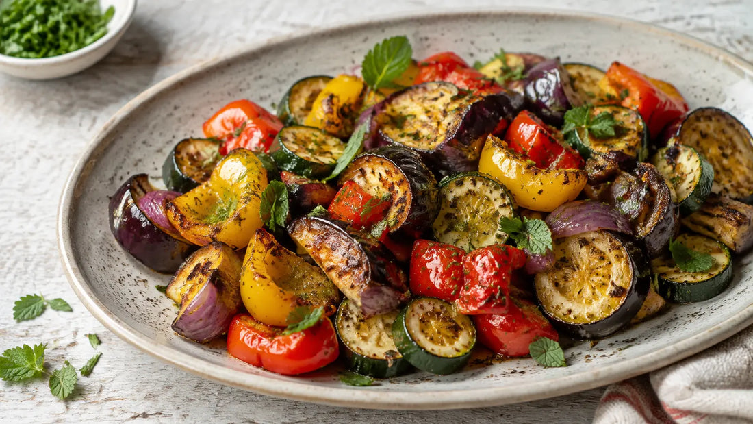 Za’atar roasted vegetables with courgette, aubergine, peppers and red onion on a ceramic serving platter.