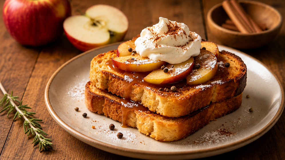 A plated stack of golden French toast slices topped with apple slices, whipped cream, and a dusting of cocoa powder, set on a rustic wooden table with whole and sliced apples, cinnamon sticks, and a sprig of rosemary around it.