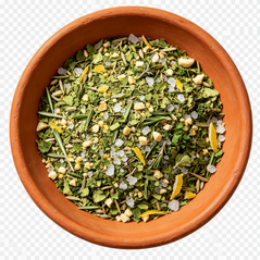 Terracotta bowl filled with a mix of green herbs and small yellow flowers on a white background