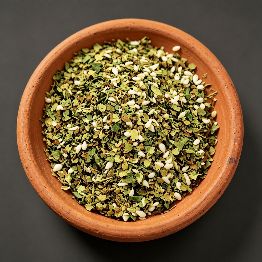 Terracotta bowl filled with dried herbs on a dark background
