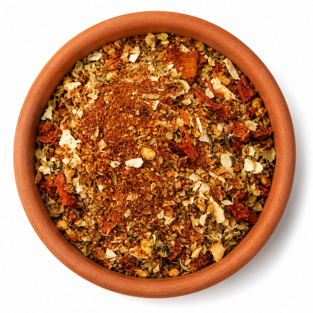 Smokey Bean Spice Blend with red pepper, herbs and aromatic spices served in a rustic terracotta dish.