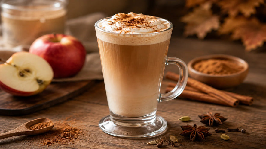 A frothy latte or cappuccino in a clear glass mug with a handle, topped with cocoa powder, set on a rustic wooden table with apples, cinnamon sticks, star anise, and spices around it.