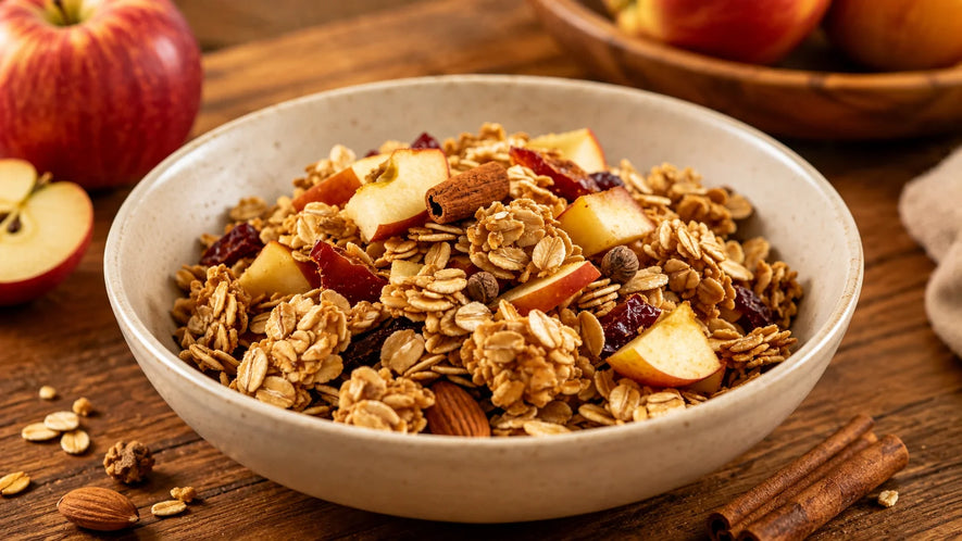 A bowl of granola with oats, dried fruit, and apple pieces, styled on a wooden table with whole and sliced apples and cinnamon sticks.