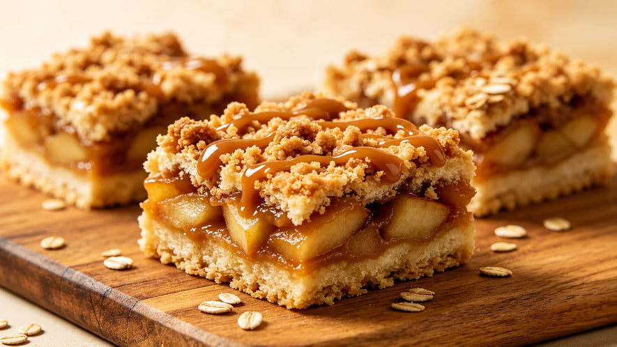 Three square oatmeal crumb bars with caramel apple filling and drizzle, arranged on a wooden board with scattered oats.
