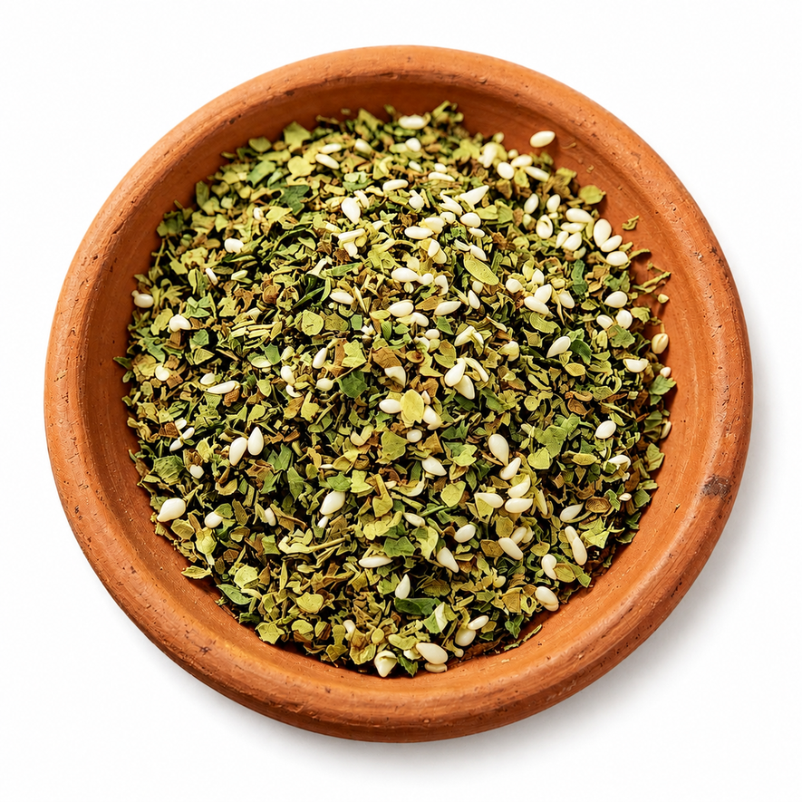 Italian Seasoning herb blend in a rustic terracotta dish on a white background.