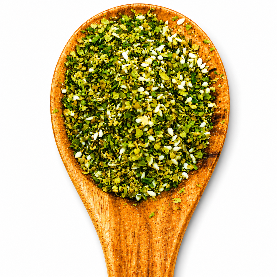 Italian Seasoning herb blend piled on a wooden spoon against a white background.